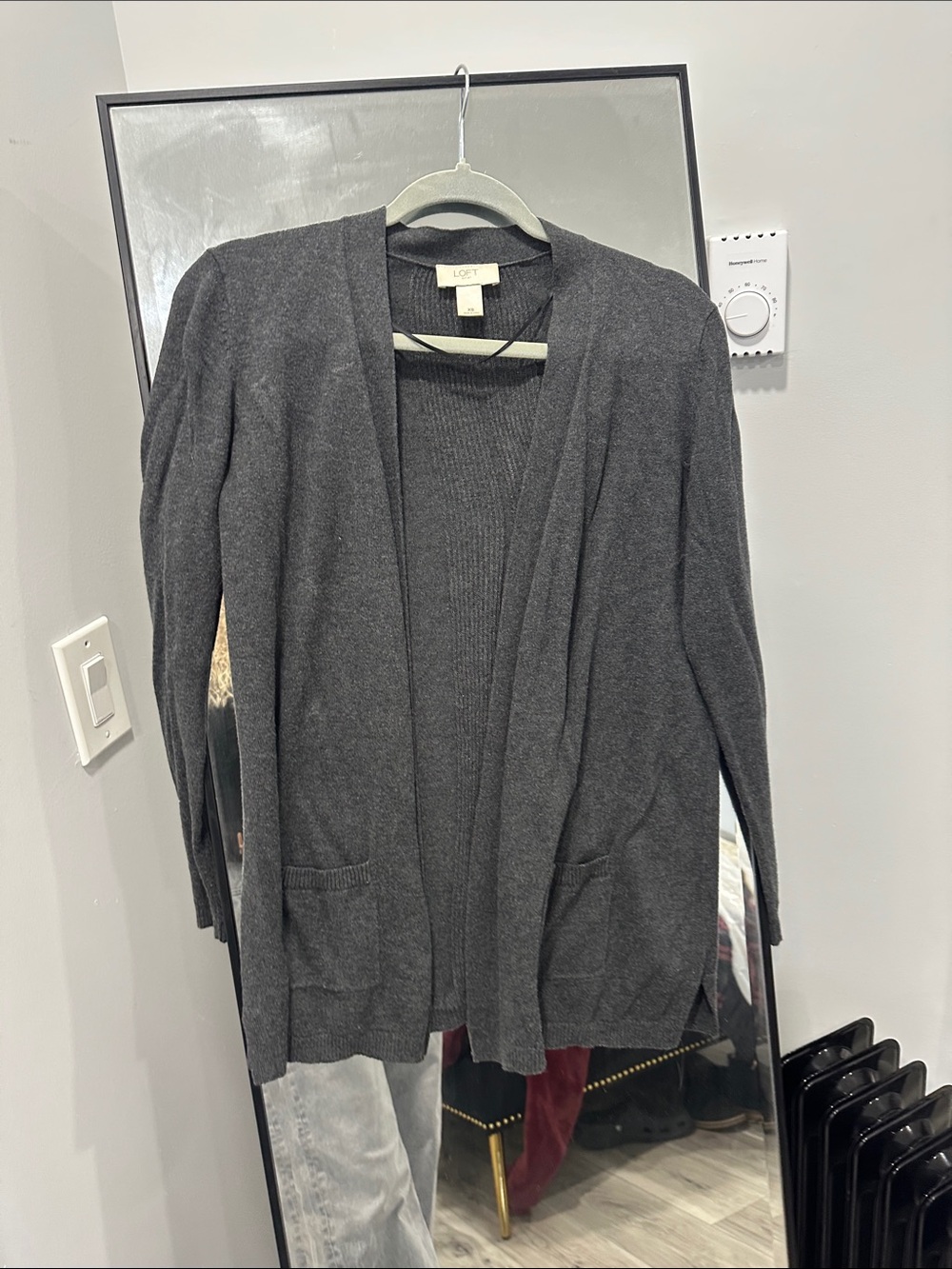 LOFT Charcoal Gray Open-Front Pocket Cardigan